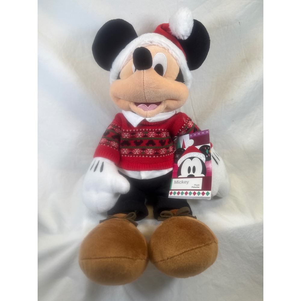 Disney Mickey Mouse Christmas Holiday Plush Red Fair Isle Sweater Santa Hat NEW